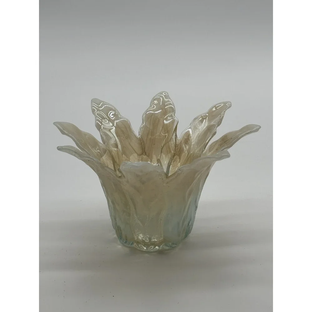 Handmade Iridescent Cream Glass Flower Bowl - Decorative Home Accent